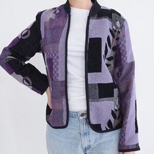 Vintage Dress Barn Purple Black Leaves Patchwork Zip Up Lightweight Jacket M